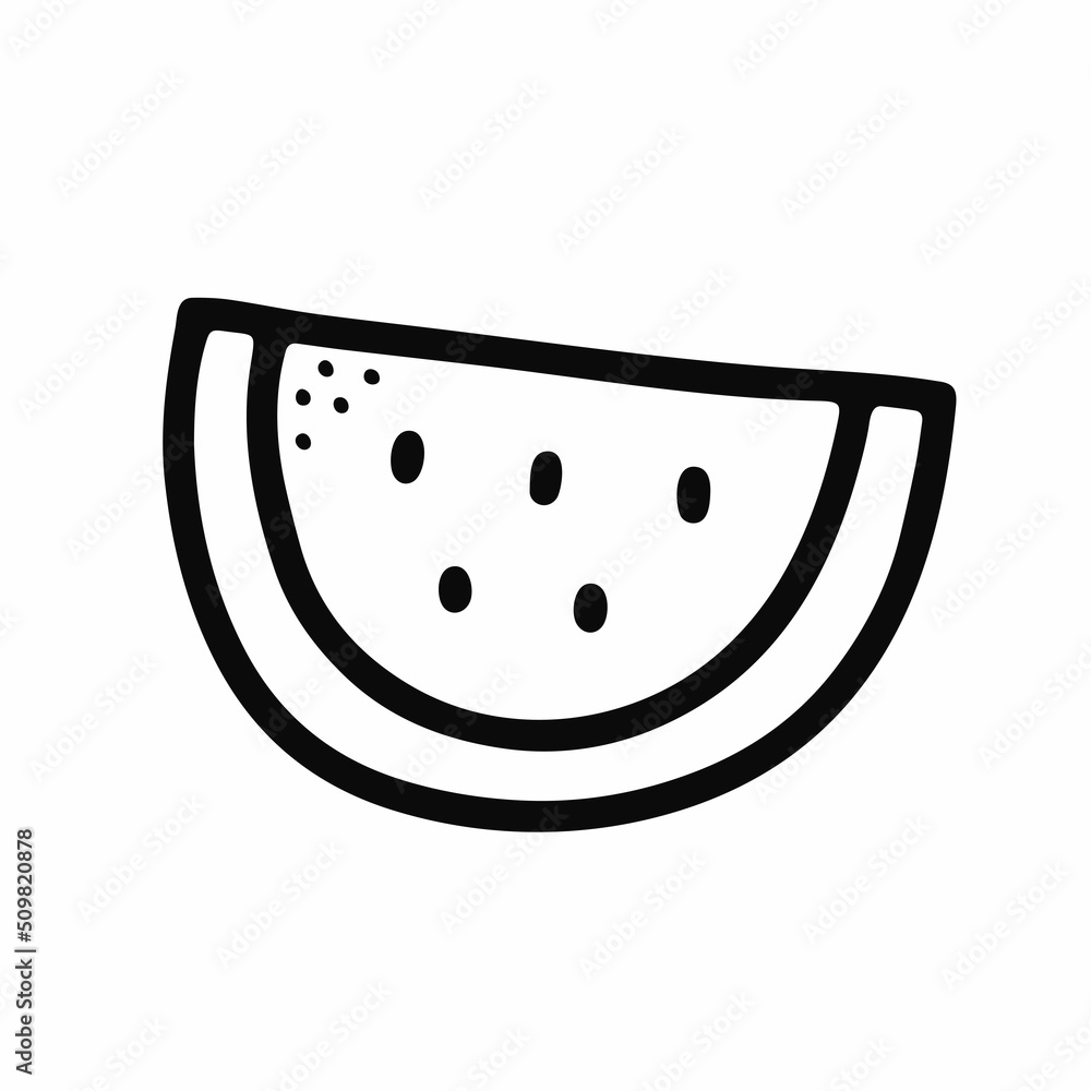 Watermelon slice isolated on white background. Doodle kawaii fresh fruit. Outline bright summer food. Hand-drawn sweet treat image. Cute line semicircular melon with seeds. Vector stock illustration Watermelon slice isolated on white background. Doodle kawaii fresh fruit. Outline bright summer food. Hand-drawn sweet treat image. Cute line semicircular melon with seeds. Vector stock illustration