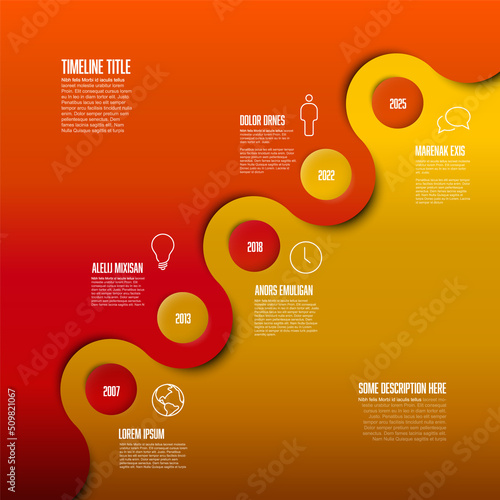 Simple red and yellow diagonal timeline with some facts and icons