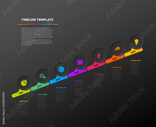 Seven circle dark diagonal steps simple timeline process infographic