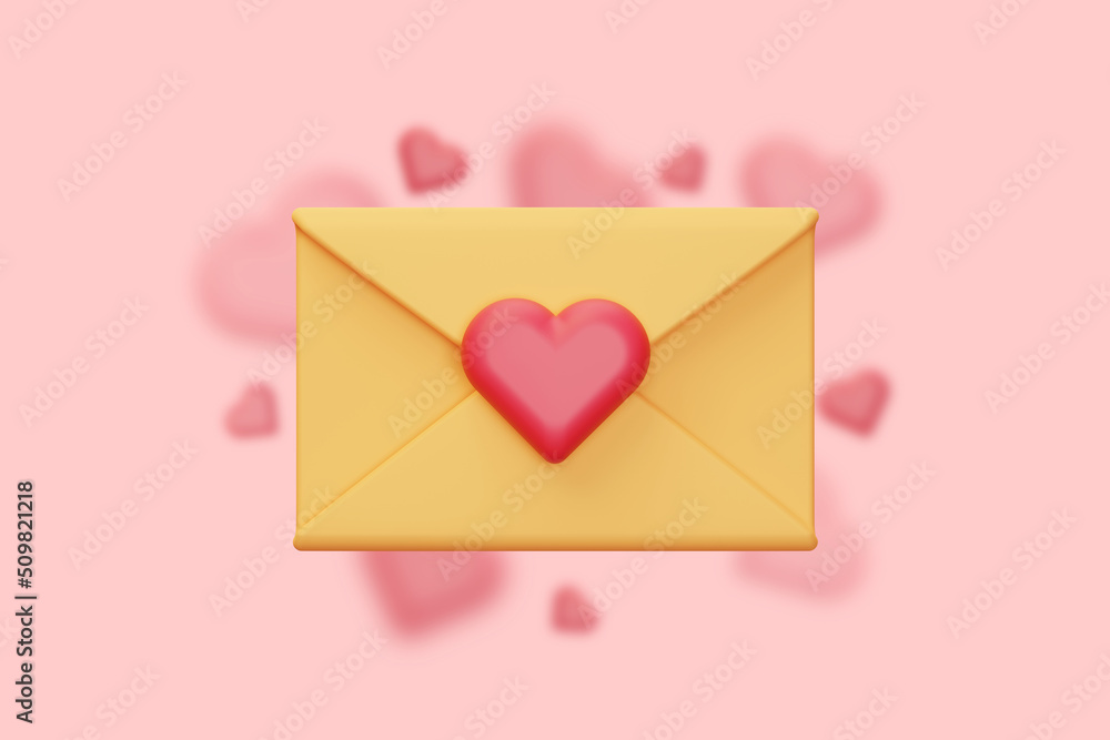 3d Render envelope with heart  on pink background. Cartoon illustration