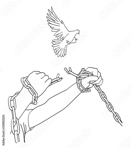 Freedom - hands breaking chain and dove of liberty, vector illustration