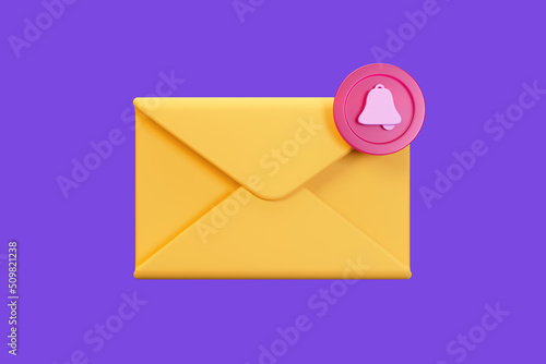 3D render envelope icon with notification bell. Yellow mail isolated on pastel purple background.