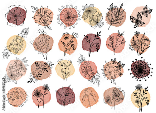 Line art flowers on watercolor background. Set of watercolor round icons. Vintage isolated illustration in pastel warm colors.