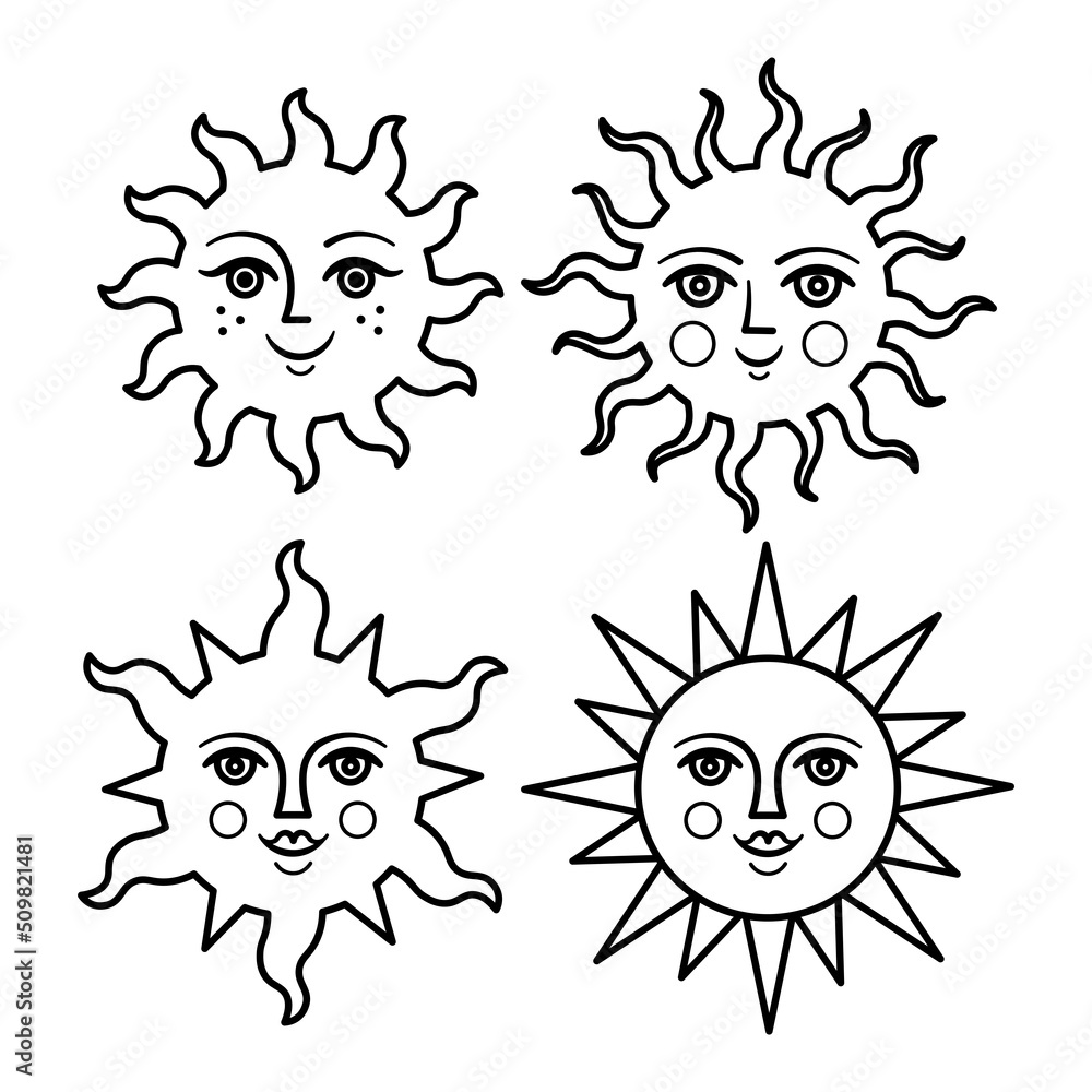 Set of sun face symbol.Vector illustration. Vector illustration isolated on white background. Element for design, tattoo, logo. Esoteric symbols.