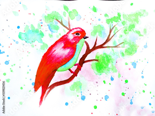 Fototapeta Naklejka Na Ścianę i Meble -  Red tit - parrot. Watercolor illustration. Red Tit on a sakura branch. Illustration of a bird on a branch with green flowers. watercolor technique. Delicate watercolor. spring mood. Red. Green.