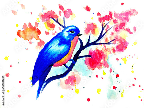 Titmouse on a branch of sakura. Illustration of a bird on a branch with pink flowers. Watercolor technique. Delicate watercolor. Spring mood. Blue. Pink.
