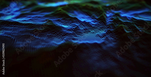 Blue and green dynamic particles wave. Embossed mesh representing internet connections, cloud computing and neural networks. Data flow. Technology background. 3d rendering.