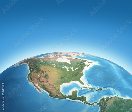 Physical map of Planet Earth, focused on North America, USA, Canada, Mexico and Central America. 3D illustration - Elements of this image furnished by NASA