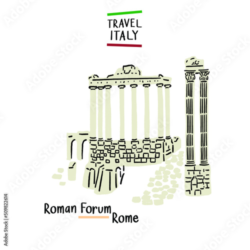 Fotótapéta Roman Forum Italy landmark Hand drawn color Illustration