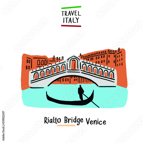 Rialto Bridge Venice Italy landmark Hand drawn color Illustration