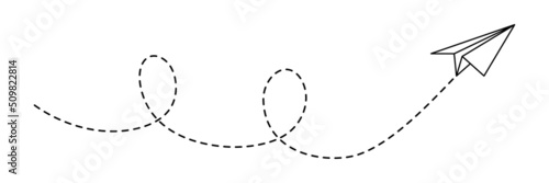 Paper airplane with line dotted route. Sending message linear fold plane with dotted path. Vector isolated on white.
