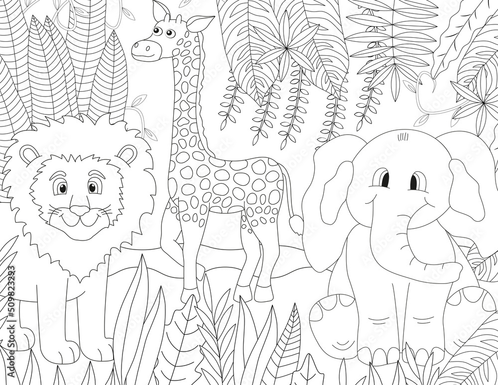 Wild animals coloring book page. Cute lion, giraffe, and elephant in