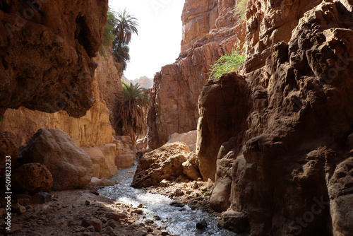 A river of water in the middle of the mountain, valley Abu Khashiba near the Dead Sea - Jordan