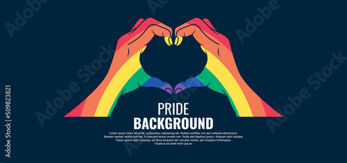 LGBT pride abstract background. Vector background with heart shaped hand symbol and rainbow colors. Vector Banner Template for Pride Month	