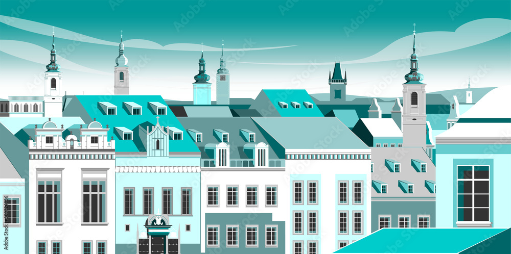 Cityscape with old houses and churches in the background. Handmade drawing vector illustration