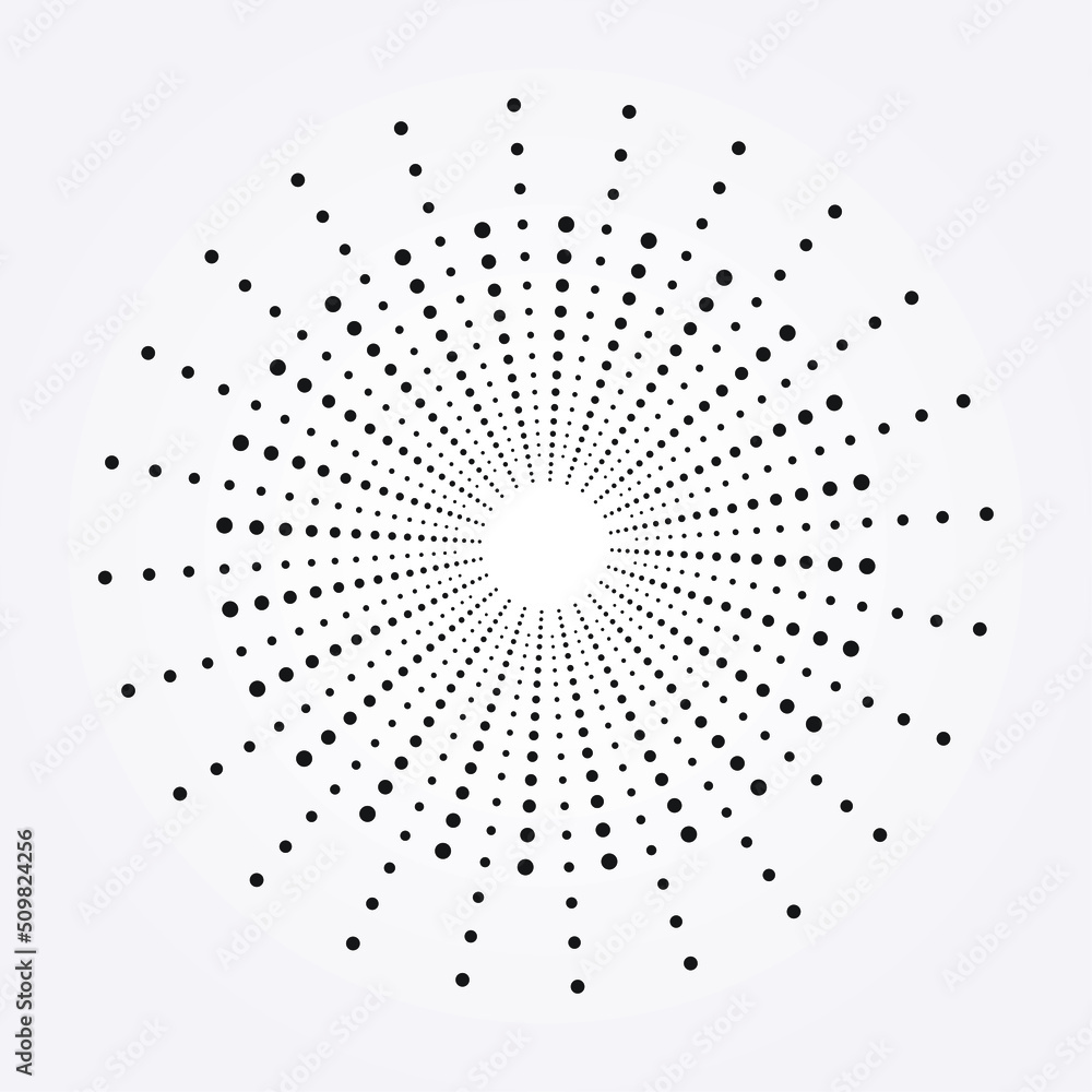 Dotted circular logo. Circular concentric dots isolated on the white background. Halftone fabric design. Halftone circle dots texture. Vector design element. Dotted circular logo. Circular concentric dots isolated on the white background. Halftone fabric design. Halftone circle dots texture. Vector design element.