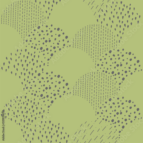 Vector illustration. Children's drawing. Spotted grey and green background. Geometric abstract pattern of hand-drawn shapes. Filled and linear organic forms.