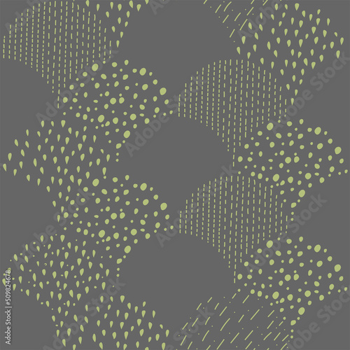 Vector illustration. Children's drawing. Spotted grey and green background. Geometric abstract pattern of hand-drawn shapes. Filled and linear organic forms.