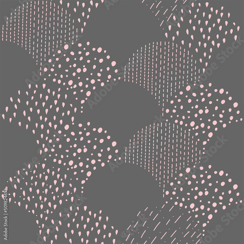 Vector illustration. Children's drawing. Spotted grey and pink background. Geometric abstract pattern of hand-drawn shapes. Filled and linear organic forms.