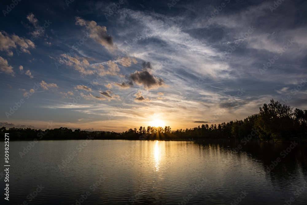 Beautiful sunset on a lake, France