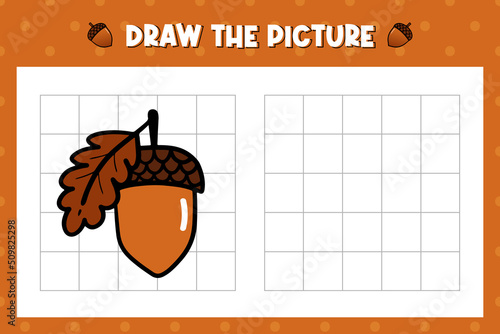 How to draw acorn. Draw, copy the picture activity for kids, children. Vector printable illustration, page.

