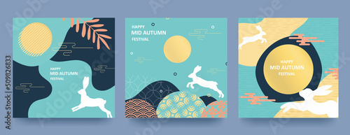 Trendy Mid Autumn Festival design Set of backgrounds, greeting cards, posters, holiday covers with moon, mooncake and cute rabbits. Chinese translation - Mid Autumn Festival.