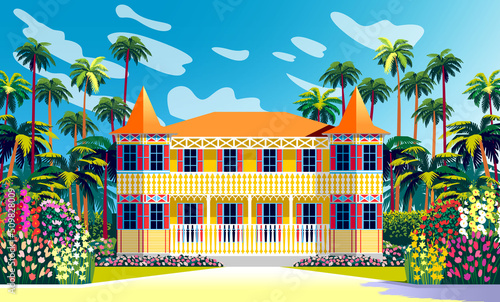Traditional romantic old plantation house with garden, flowering shrubs and palms. Handmade drawing vector illustration. All objects are grouped by layers. 