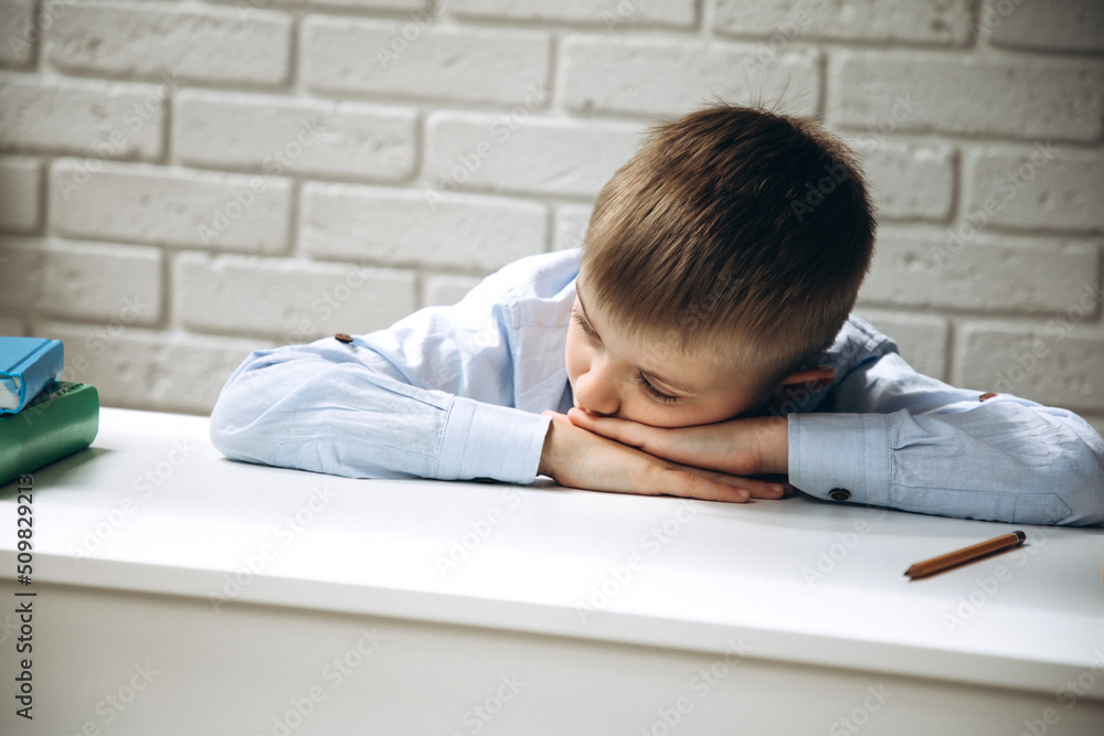 The schoolboy tired and lay down on at the table on the notebook while completing the task for online learning The schoolboy tired and lay down on at the table on the notebook while completing the task for online learning