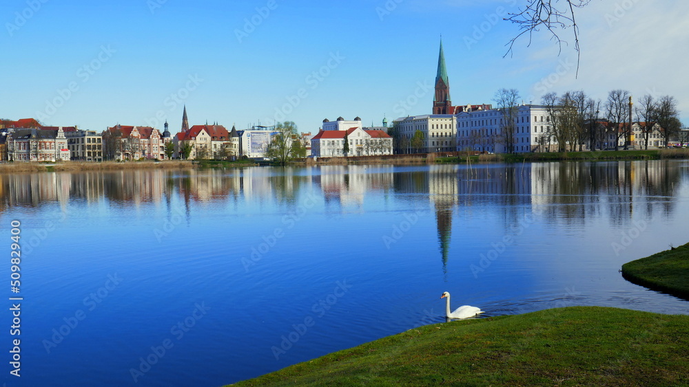 schöner Blick über blauen spiegelnden Burgsee in Schwerin mit grüner Wiese und Schwan im Vordergrund
