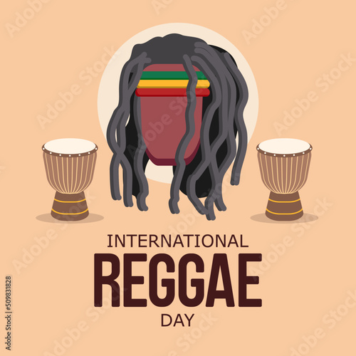 Reggae man wearing a Jamaican flag headband and djembe drum cartoon vector illustration. International reggae day celebration flat poster
