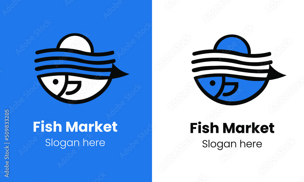 Fish Market Logo design inspiration isolated on white and blue background vector