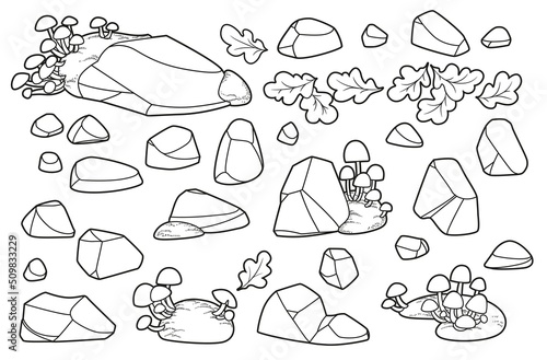 Set of stones and moss with toadstools growing on them linear drawing for coloring isolated on white background
