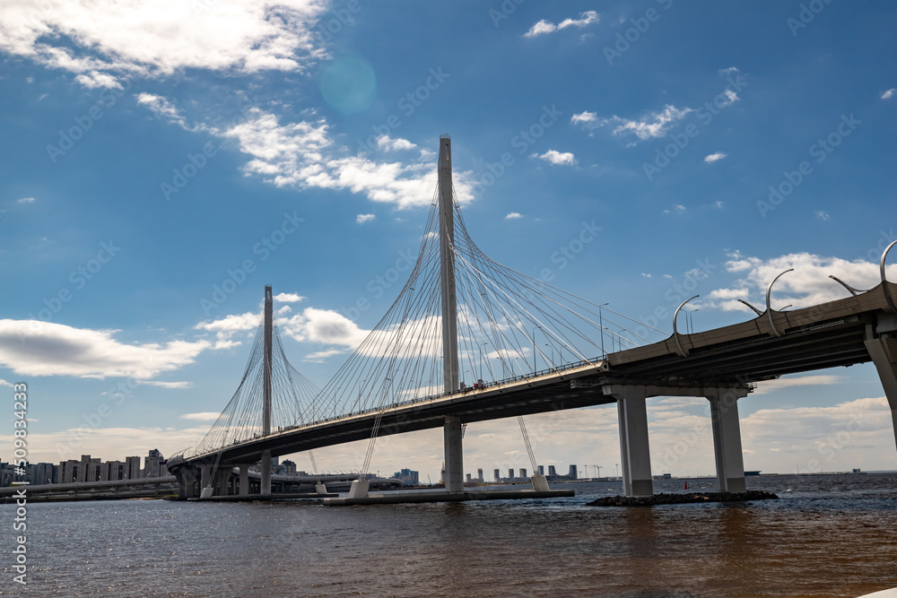 Bolshoy Obukhov Bridge in St. Petersburg. Cable-stayed bridge across the Neva River. Bolshoy Obukhov Bridge in St. Petersburg. Cable-stayed bridge across the Neva River.