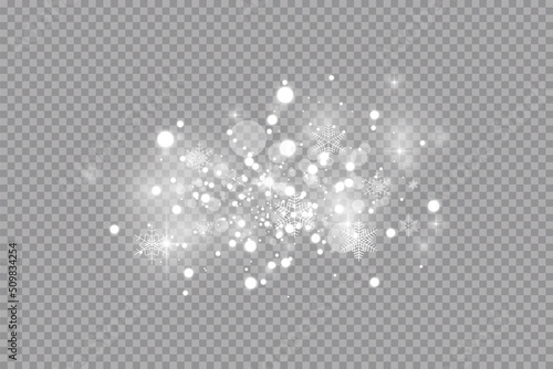 Glow light effect. Vector illustration. Christmas flash dust. White sparks and glitter and snowflakes special light effect. Vector sparkles on transparent background. Sparkling magic dust particles