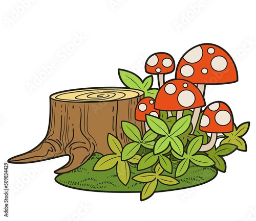 Stump in the thickets of grass and fly agaric color variation for coloring page isolated on white background