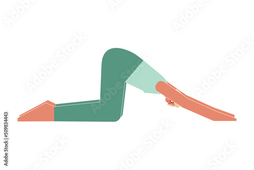 Vector isolated concept with flat female character. Strong woman learns posture with Forward Bend  - Uttana Shishosana at yoga class. Fitness exercise - Extended Puppy Pose