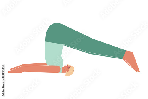 Vector isolated concept with flat female character. Strong woman learns Inversion posture Halasana at yoga class. Fitness exercise - Plow Pose