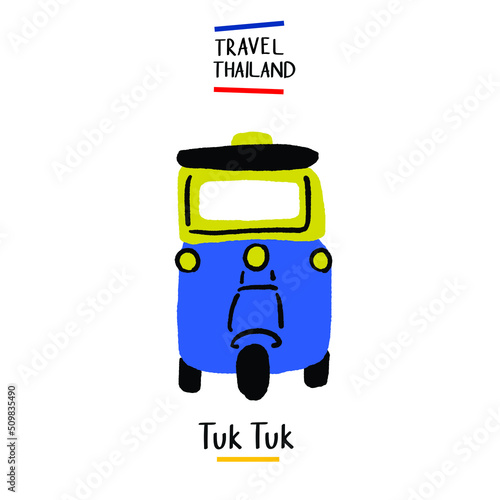 Tuk Tuk public taxi Bangkok Thailand Hand drawn Illustration