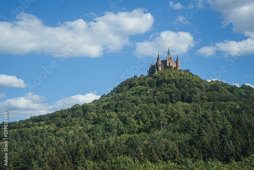 Castle in the mountains  Hohenzollern castle in Germany  panorama landscape of the castle in Germany  German Castle view on the top of the mountains  panorama view with Broun Castle on the hill