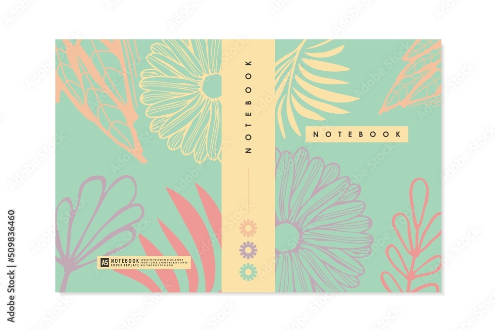 Floral pattern design layout for notebook cover, brochure or catalog. Pastel colors flowers and plants creative boho style vector template.