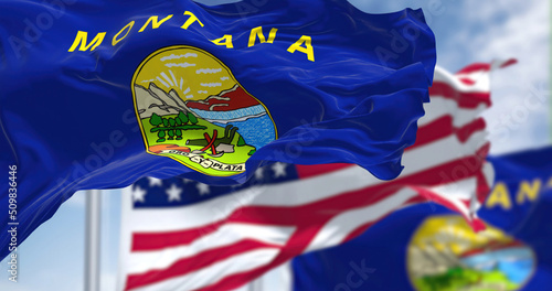 The Montana state flag waving along with the national flag of the United States of America photo
