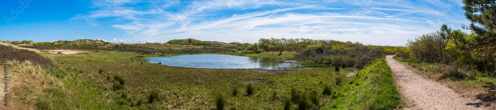 Panoramic shot of the dune landscape near Egmond aan Zee/Netherlands with a water pond