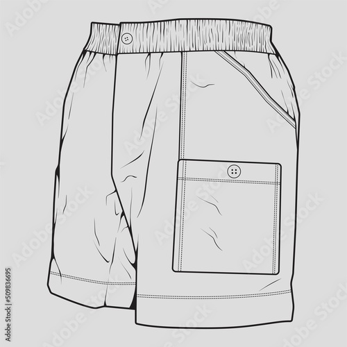 short pants outline drawing vector, short pants in a sketch style, trainers template outline, vector Illustration.
