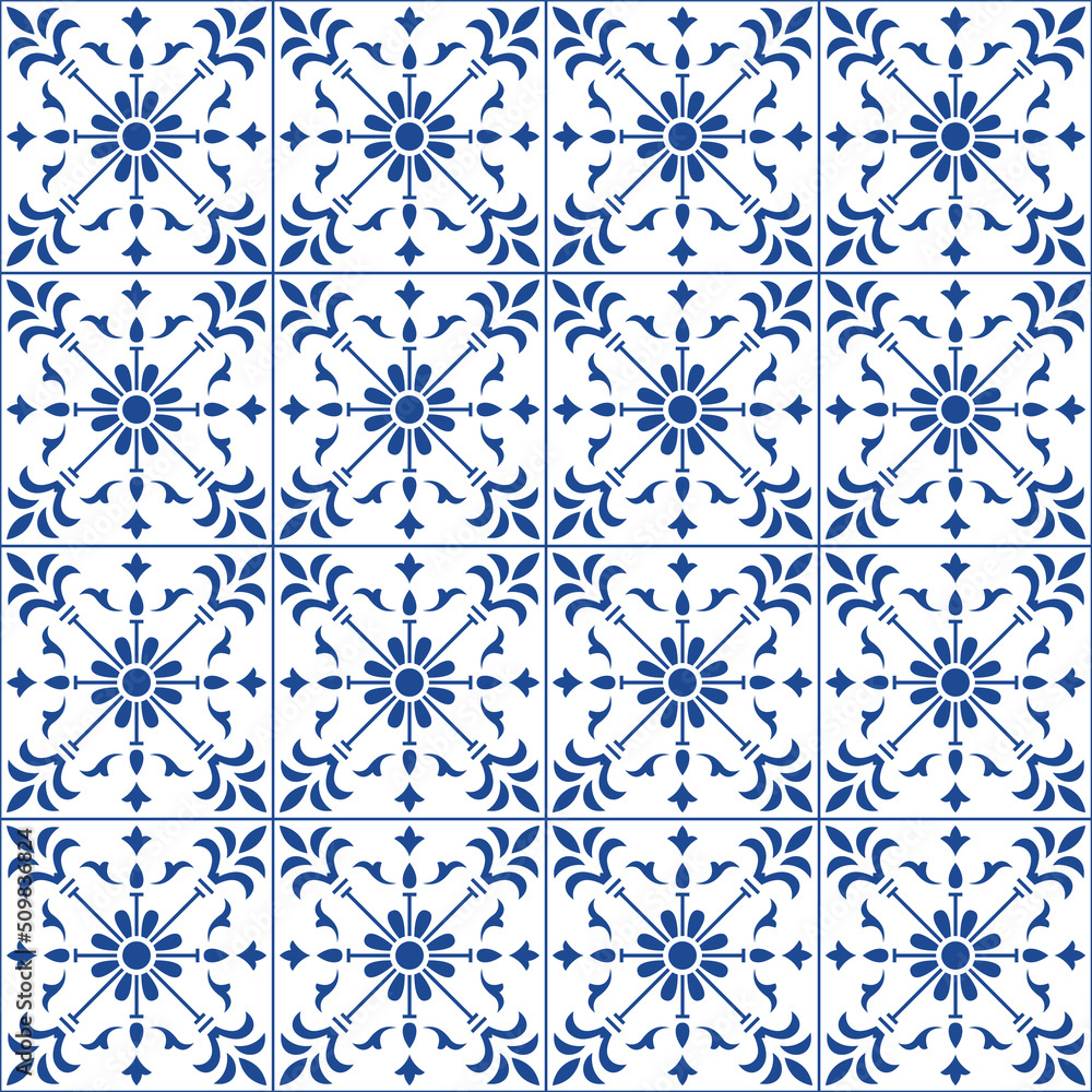 Seamless ornamental pattern, imitation of Portuguese ceramic tiles. Swatch is included. Seamless ornamental pattern, imitation of Portuguese ceramic tiles. Swatch is included.