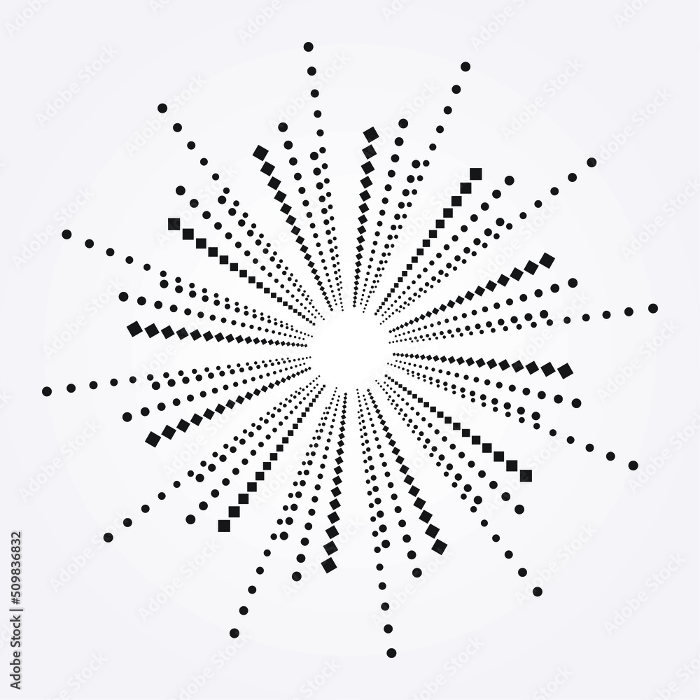 Radial halftone dots in Circle Form. Dotted fireworks Explosion background. Vector Illustration. Circular Design element. Halftone design element. Radial halftone dots in Circle Form. Dotted fireworks Explosion background. Vector Illustration. Circular Design element. Halftone design element.