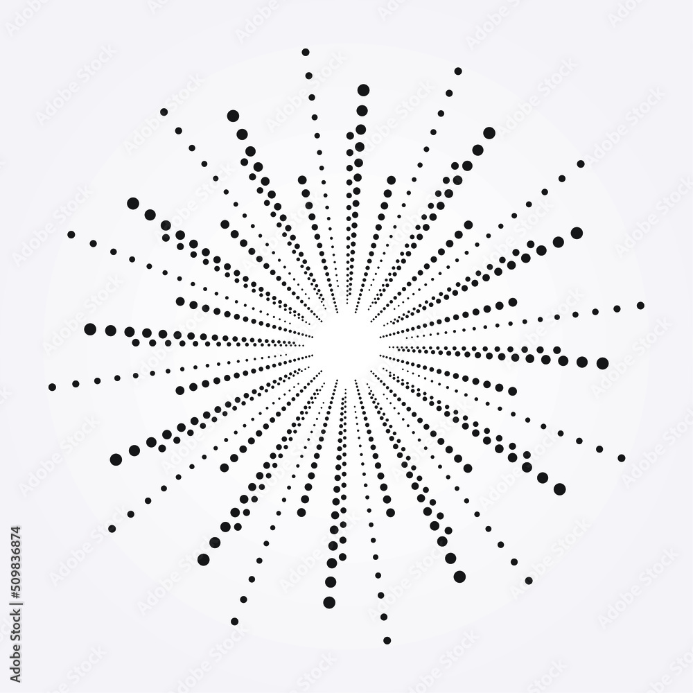 Radial halftone dots in Circle Form. Dotted fireworks explosion background. Starburst round Logo. Circular Design element. Abstract Geometric star rays. Radial halftone dots in Circle Form. Dotted fireworks explosion background. Starburst round Logo. Circular Design element. Abstract Geometric star rays.