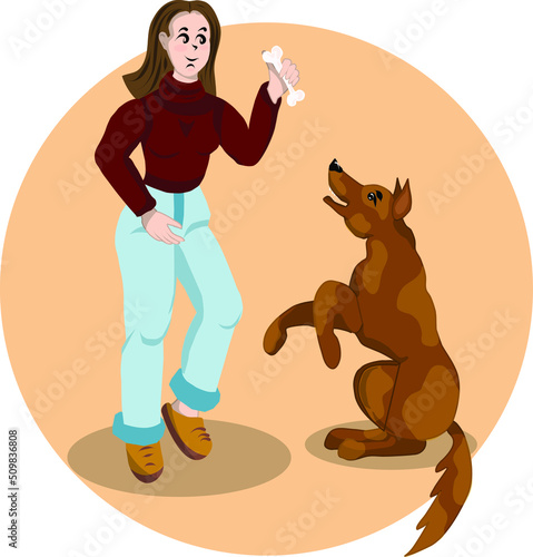 Girl with a dog. Funny, kind illustration for advertising a dog sitter or service for animals. A dog on its hind legs looking at a bone. Suitable for children's illustration. 