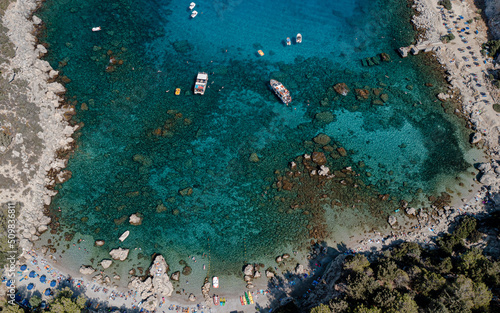 Anthony Quinn Bay from the top, Greece island drone shot, Drone photo of blue lagoon, Blue bay in Greece, Rhodos Island from above, Rhodes Island Greece, Greece blue beach,