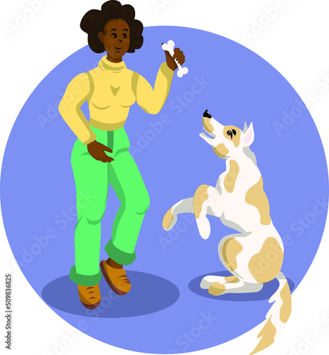Illustration for advertising, vector illustration of dog sitter or dog trainer, cynologist. Bright and colorful illustration for children and publications. Black girl with a spotted dog. 