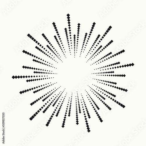 Radial halftone dots in Circle Form. Dotted fireworks explosion background. Starburst round Logo. Circular Design element. Abstract Geometric star rays.